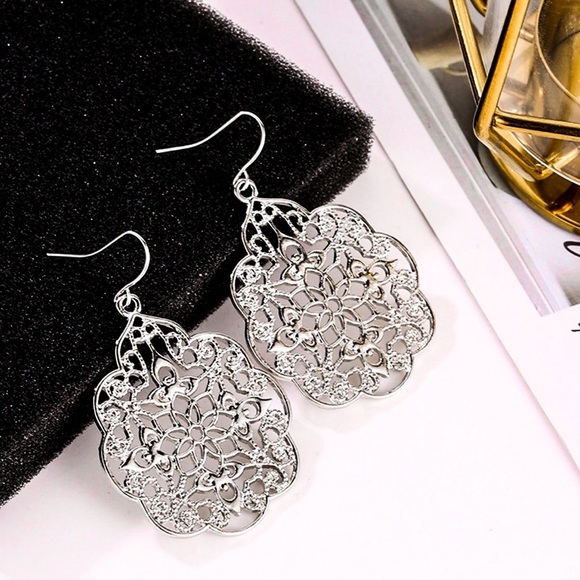 Any 2/$20! Silver Open Work Statement Drop Earrings - Picture 2 of 7